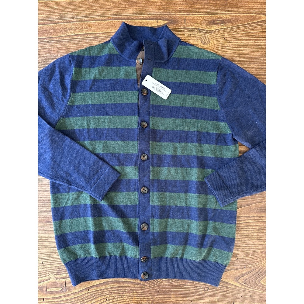 Turtleson Mens Fine Merino Wool Cardigan Sweater Blue Green Stripe Size Small